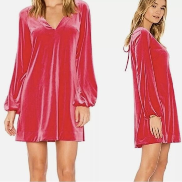 Free People Dresses & Skirts - Free People Hot Pink MISHA Mini Dress Velvet Long Sleeve V-Neck